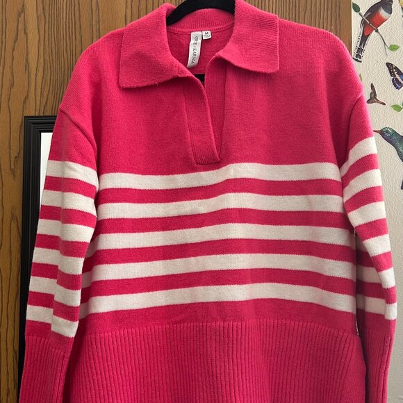 Grace & Karma Sweaters - Grace & Karma Hot Pink Striped Collared Sweater | Preppy Chic | Women’s Medium